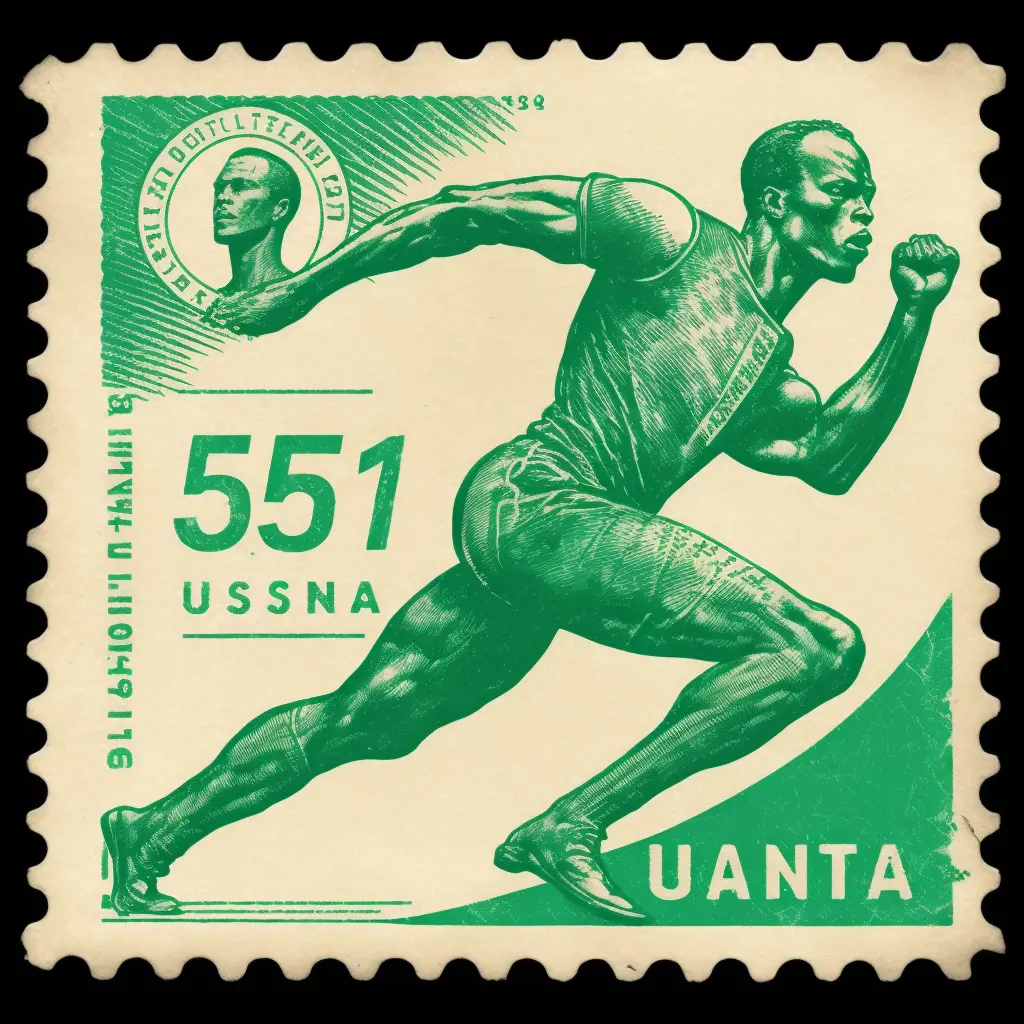 clean vintage 5 cent postage stamp of Usain Bolt doing a victory pose, green ink, line engraving, intaglio